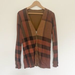 Burberry Brit Classic Half Zip Cardigan Double Sided Reversible Brown Plaid SM